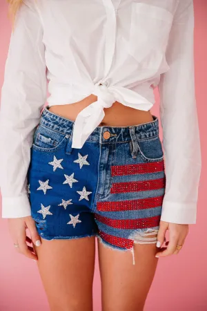 AMERICAN FLAG DENIM SHORTS