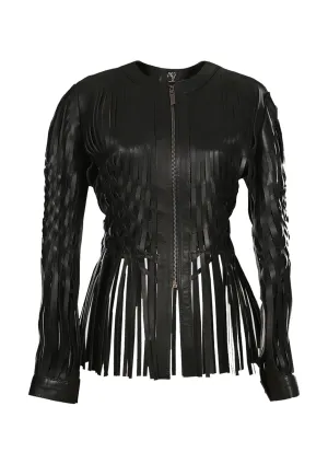 Attalea Woven Fringed Zip-Up Leather Jacket