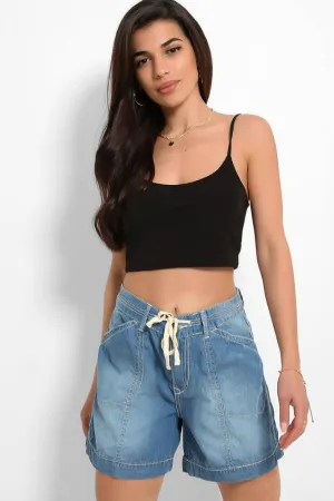 Blue Thin Denim Drawstring Waist Shorts