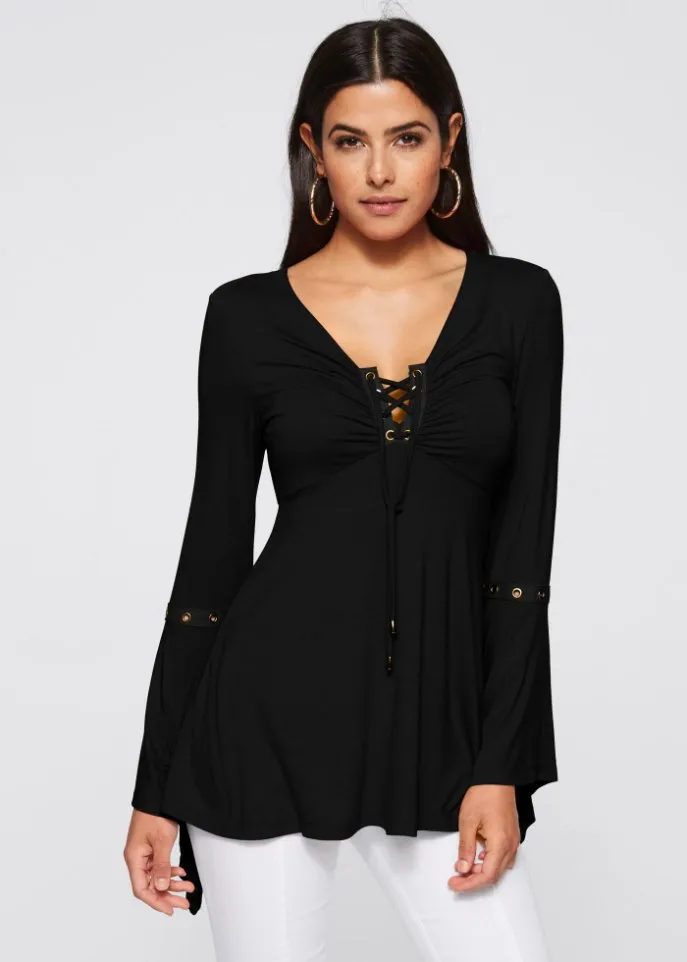 Bodyflirt Boutique long sleeve shirt with eyelets and laces, black