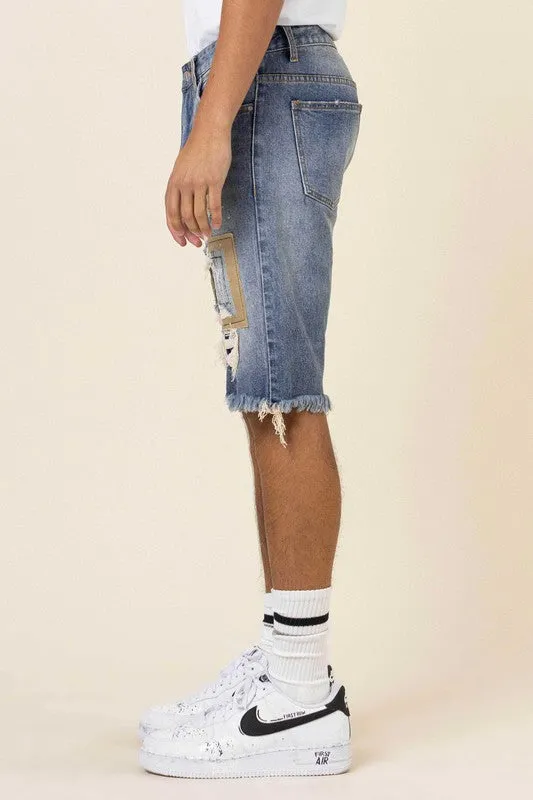 Camo & Twill Patched Rip 7 Repaired Denim Shorts