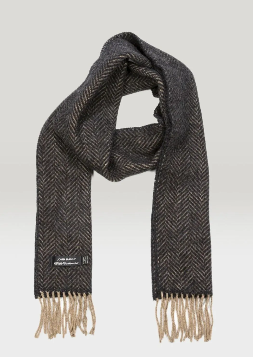 Cashmere Merino Scarf | Charcoal Beige Herringbone