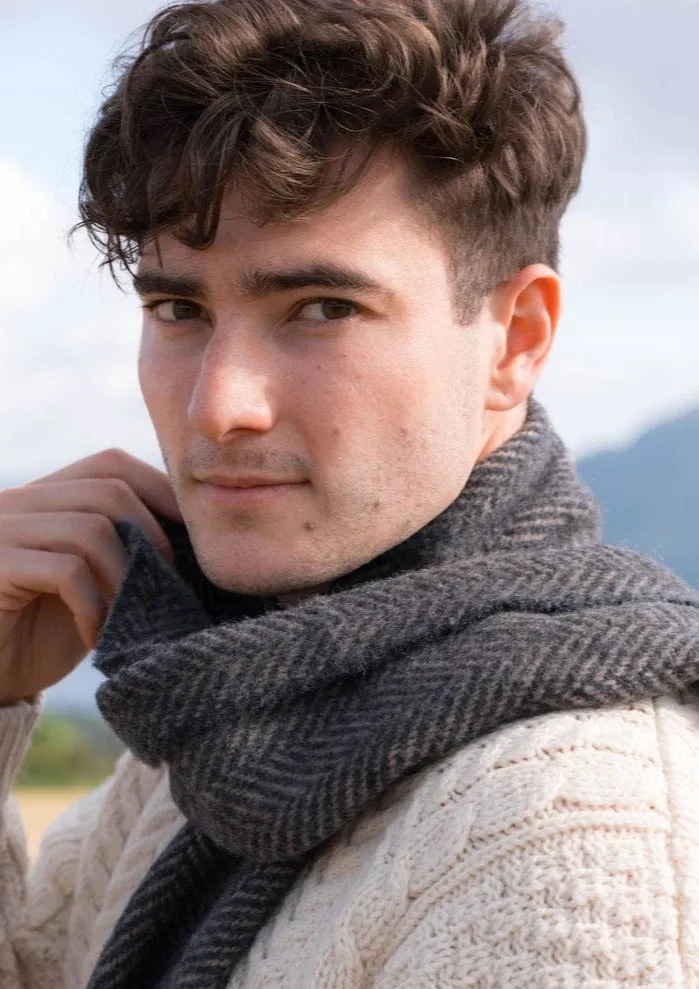 Cashmere Merino Scarf | Charcoal Beige Herringbone