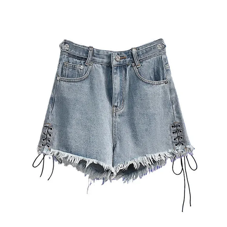 Cross Embroidery High Waist Lace Up Fringed Denim Shorts