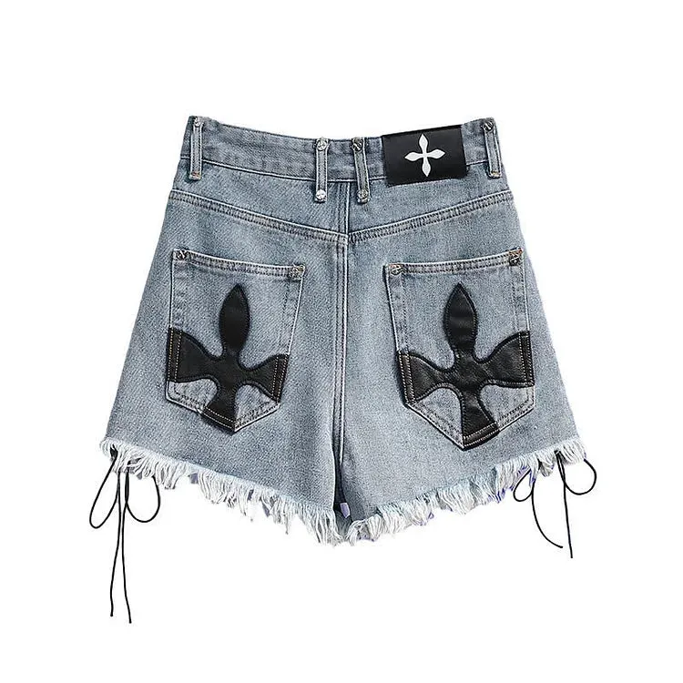 Cross Embroidery High Waist Lace Up Fringed Denim Shorts