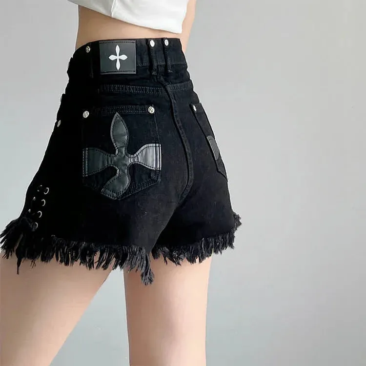 Cross Embroidery High Waist Lace Up Fringed Denim Shorts