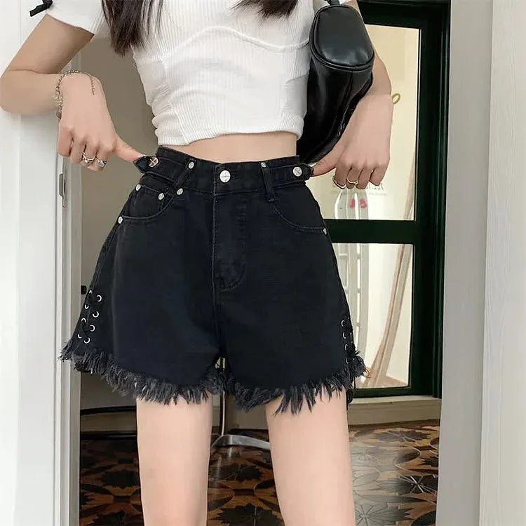 Cross Embroidery High Waist Lace Up Fringed Denim Shorts