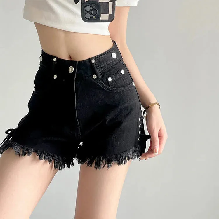 Cross Embroidery High Waist Lace Up Fringed Denim Shorts