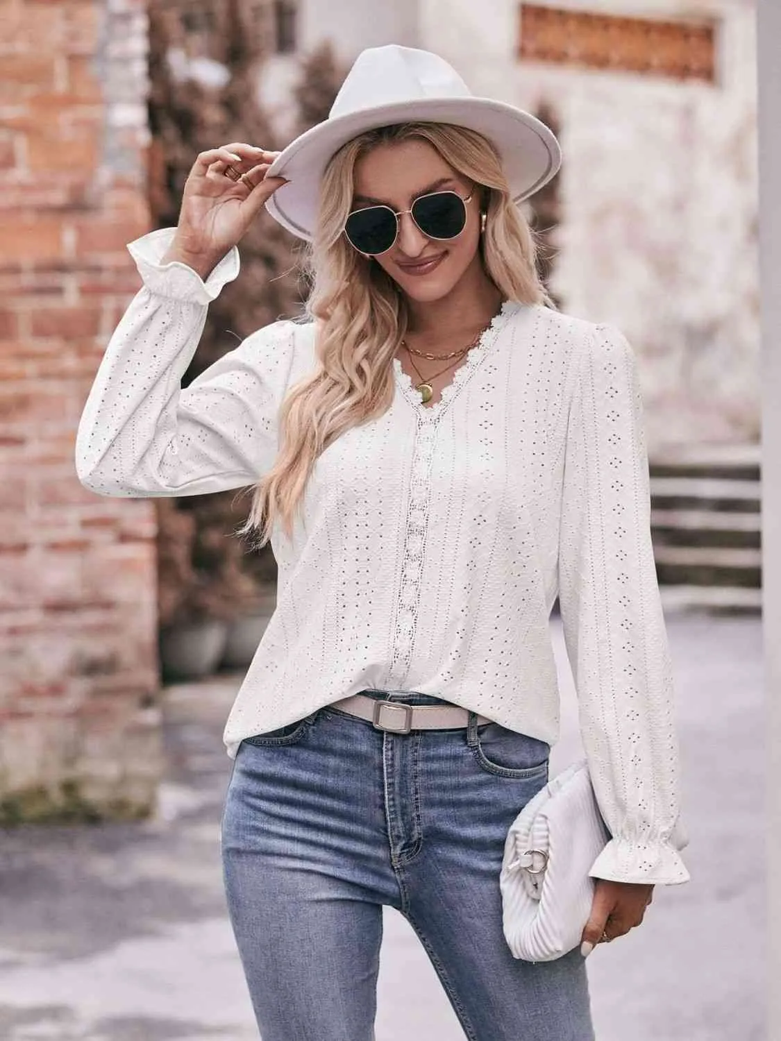 Double Take Eyelet V-Neck Flounce Sleeve Blouse