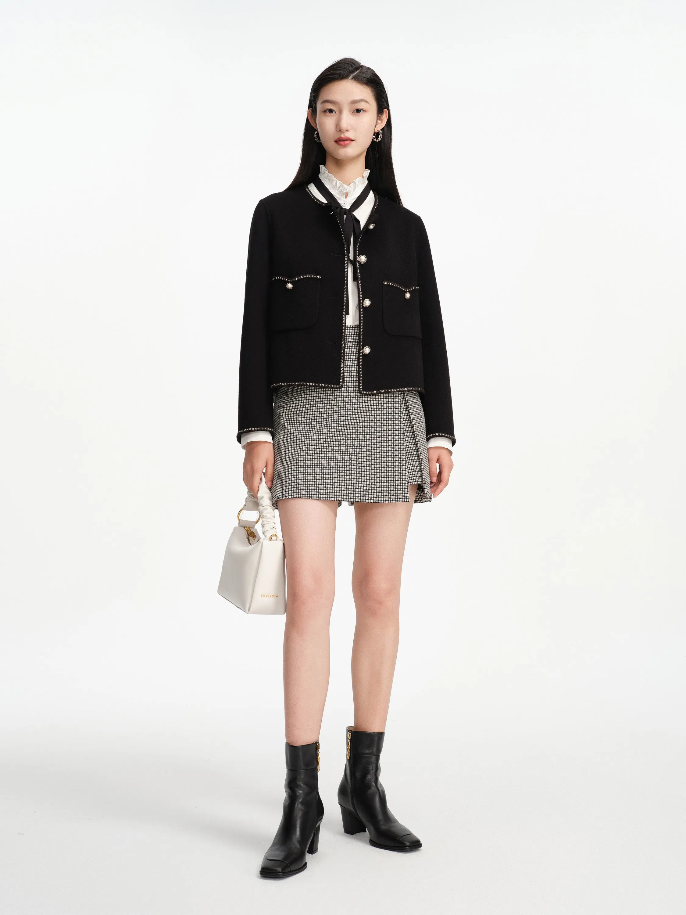 EP YAYING Trimmed Black Double Woolen Jacket