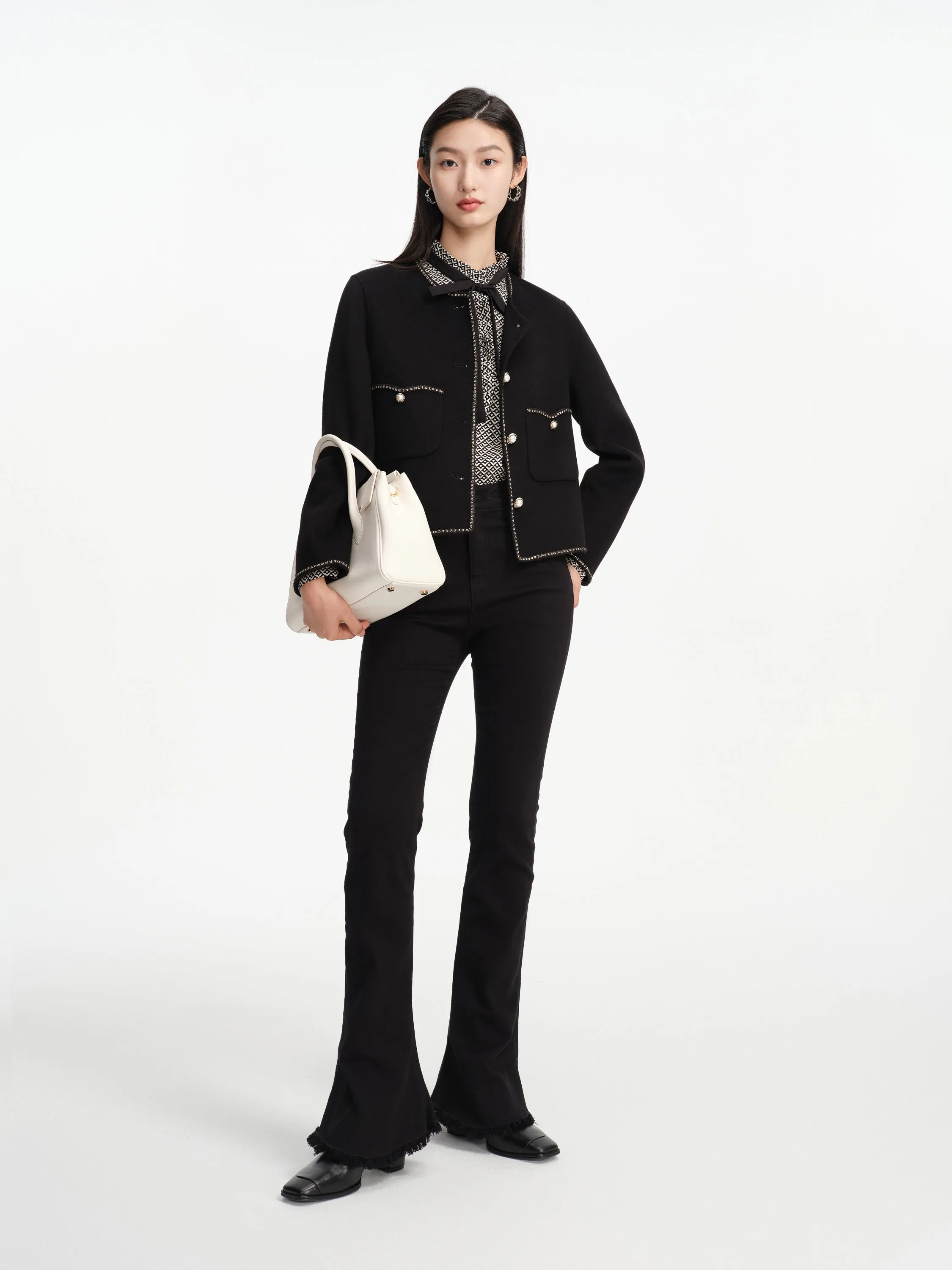 EP YAYING Trimmed Black Double Woolen Jacket