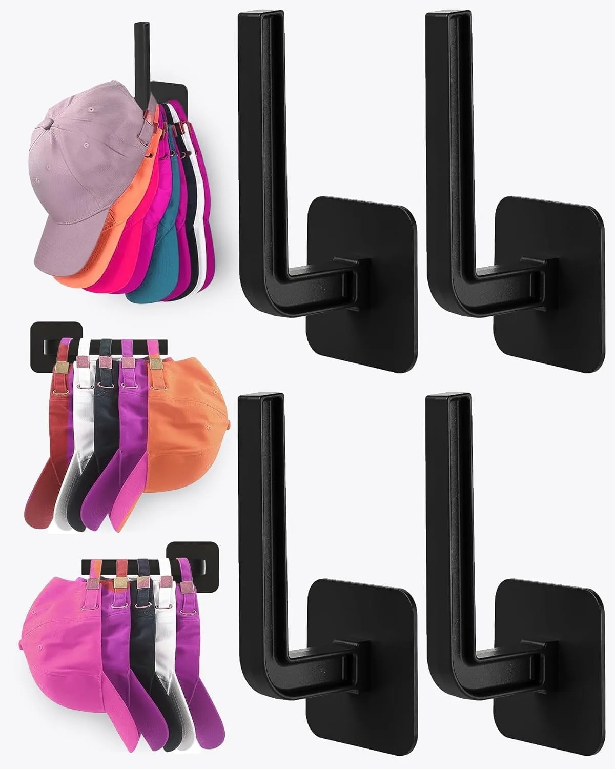 everyday 4-Pack  Baseball Cap Hat Racks - Wall Adhesive Hooks Hanger Holder, Strong Multi-Purpose Organizer for Door/Closet - Black