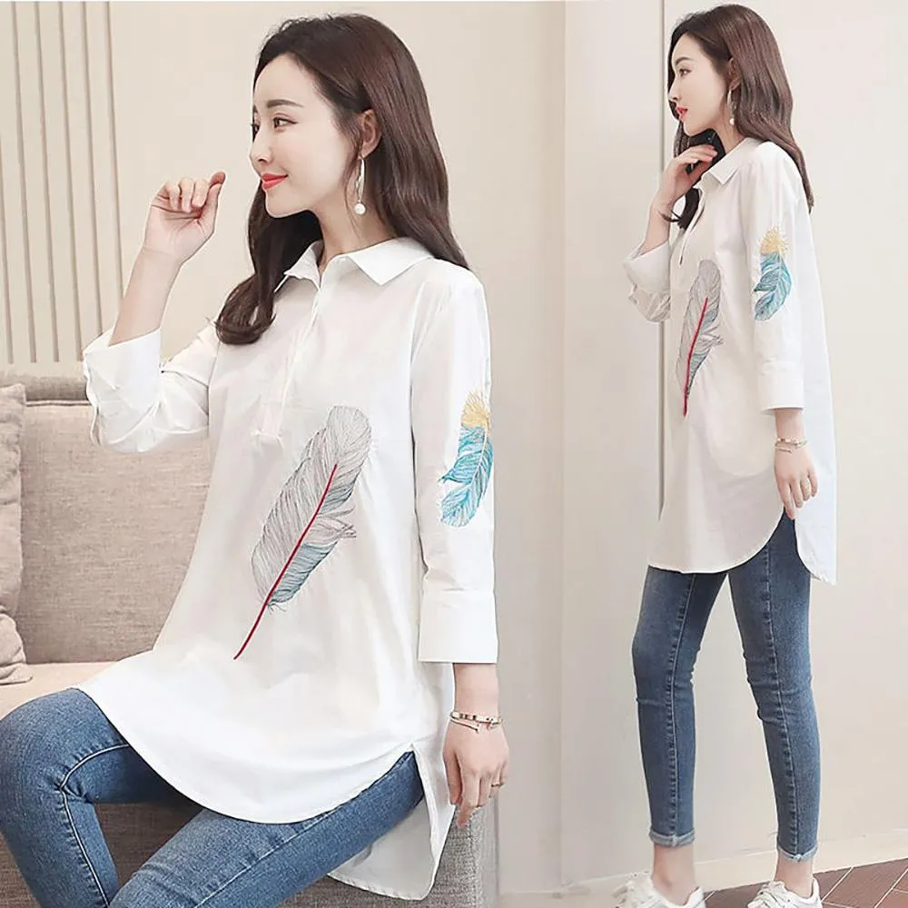 Exquisite Feather Embroidery Long Sleeve Blouses