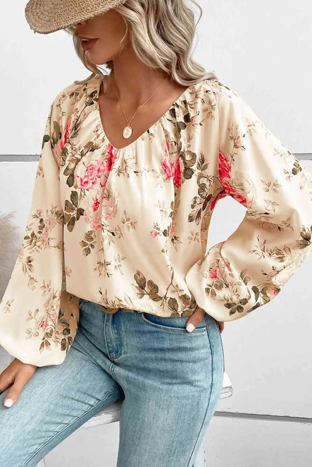 Floral V-Neck Balloon Sleeve Blouse