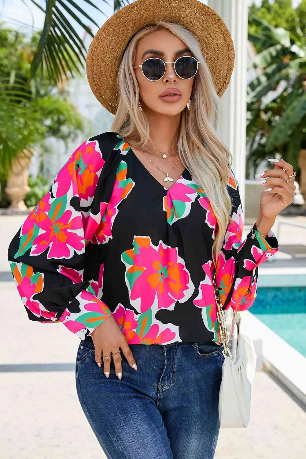 Floral V-Neck Long Sleeve Blouse