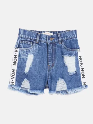 Girls Blue Side Tape Raw Hem Denim Shorts - Lyush Kids