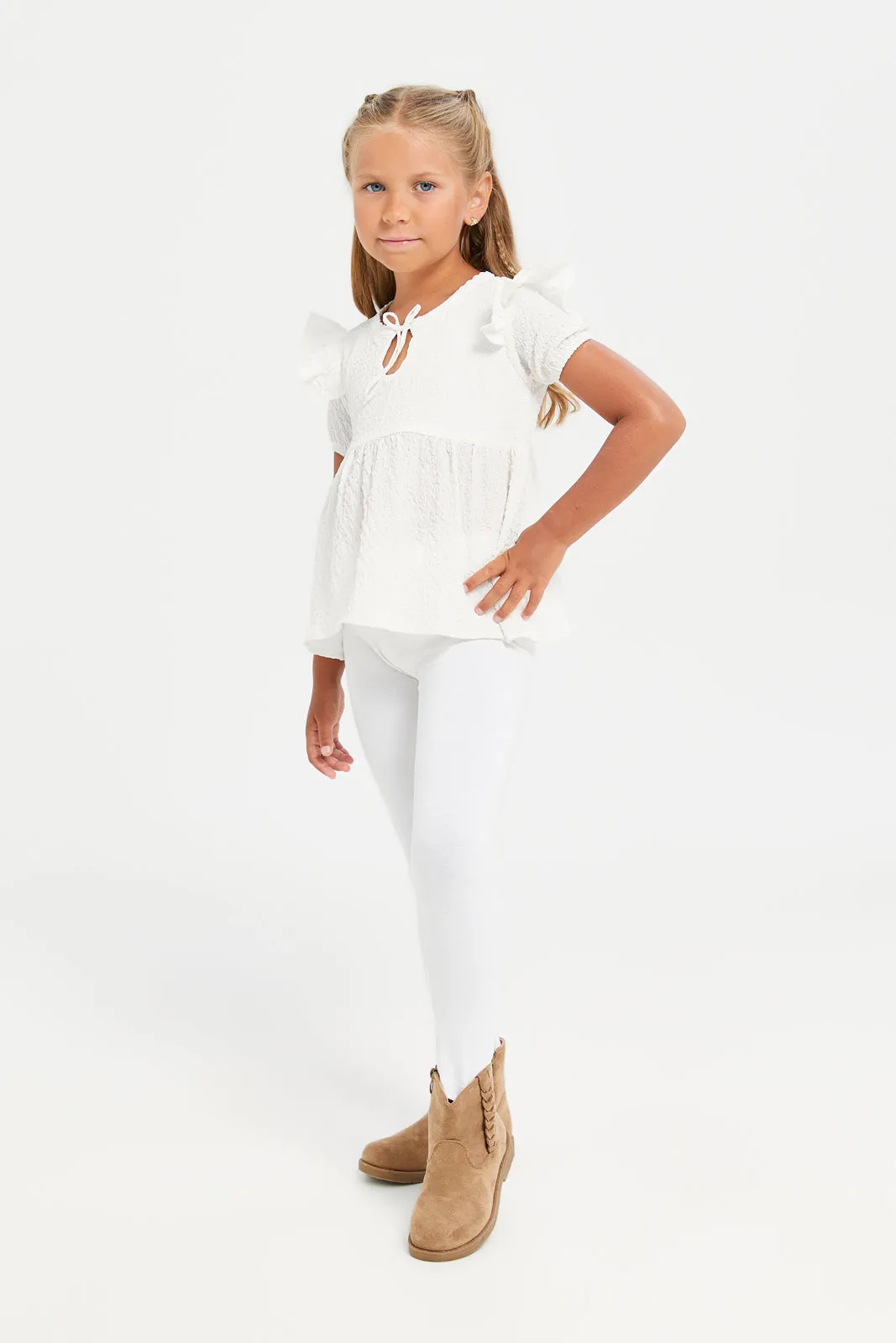 Girls White Short Sleeve Jacquard Blouse