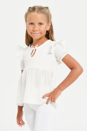 Girls White Short Sleeve Jacquard Blouse