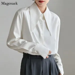 Graduation Gifts   Long Sleeve White Satin Blouse Women Autumn New Fashion Loose Vintage Button Shirt Women Clothing Chic Office Lady Tops 18015