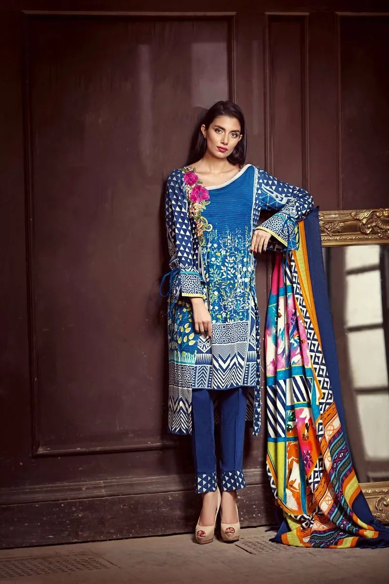 Gul Ahmed Winter 2017 – Blue 3 Pc Silk Woolen SW-33