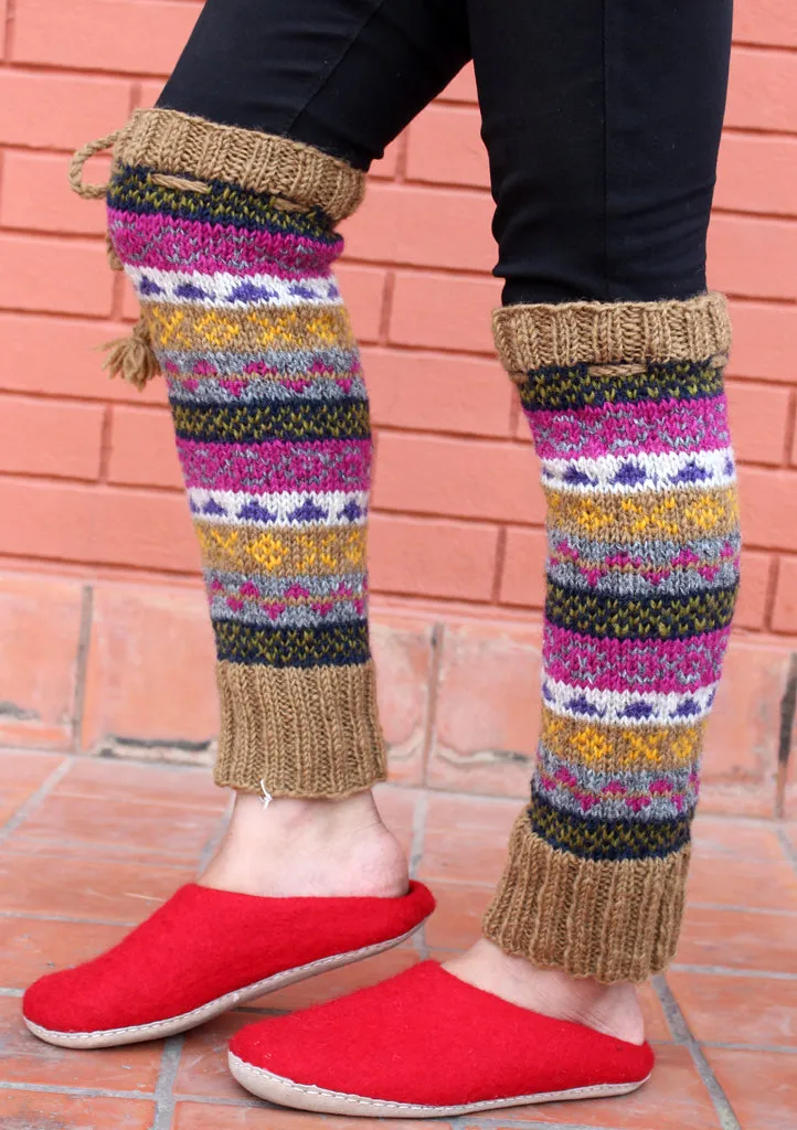 Handknitted Brown Pink Multicolor Winter Legwarmers with Lace