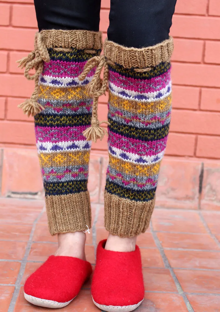 Handknitted Brown Pink Multicolor Winter Legwarmers with Lace