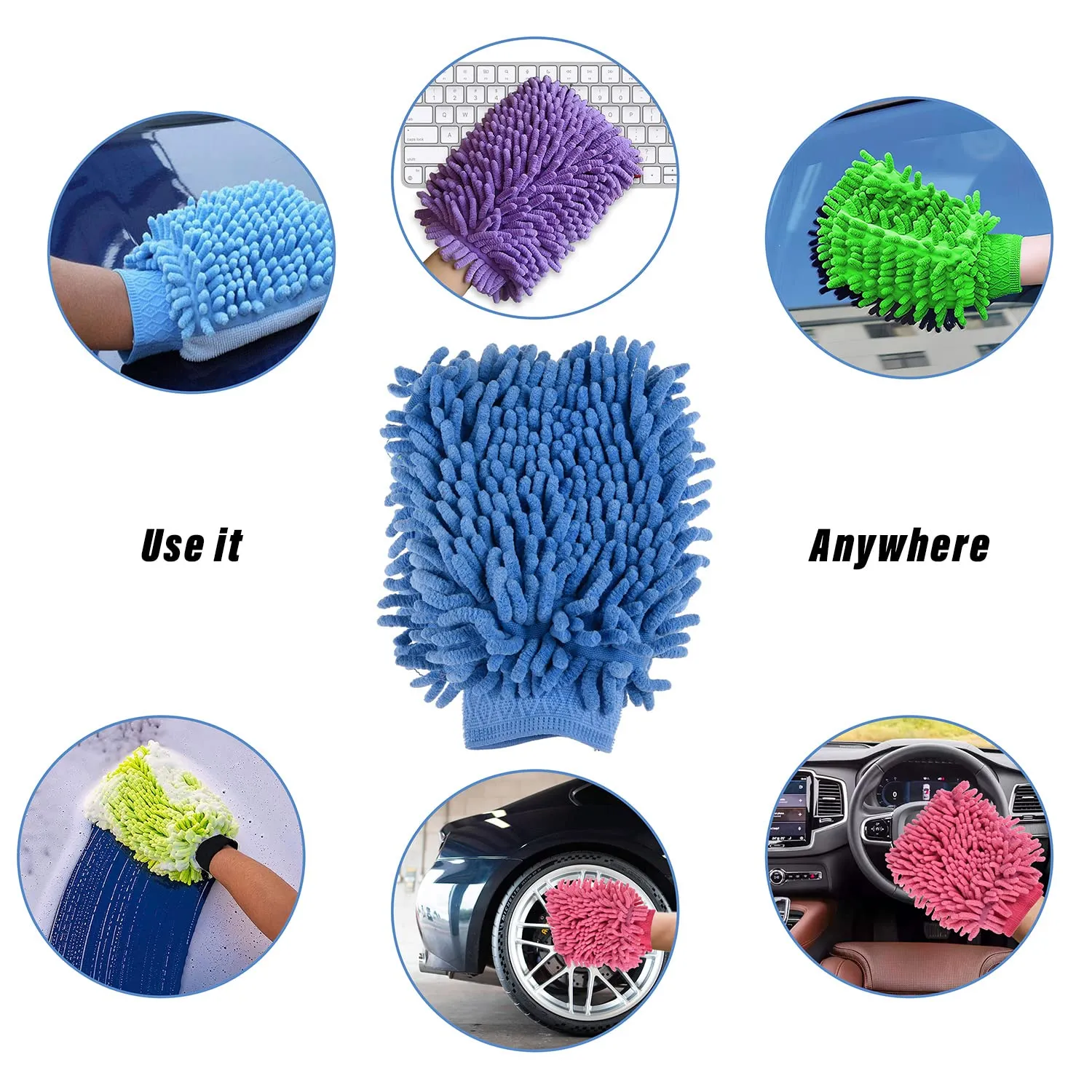 Heart Home Chenille Mitts|Microfiber Cleaning Gloves|Inside Waterproof Cloth Gloves|100 Gram Weighted Hand Duster|Chenille Gloves for Car|Glass|Pack of 2 (Blue)