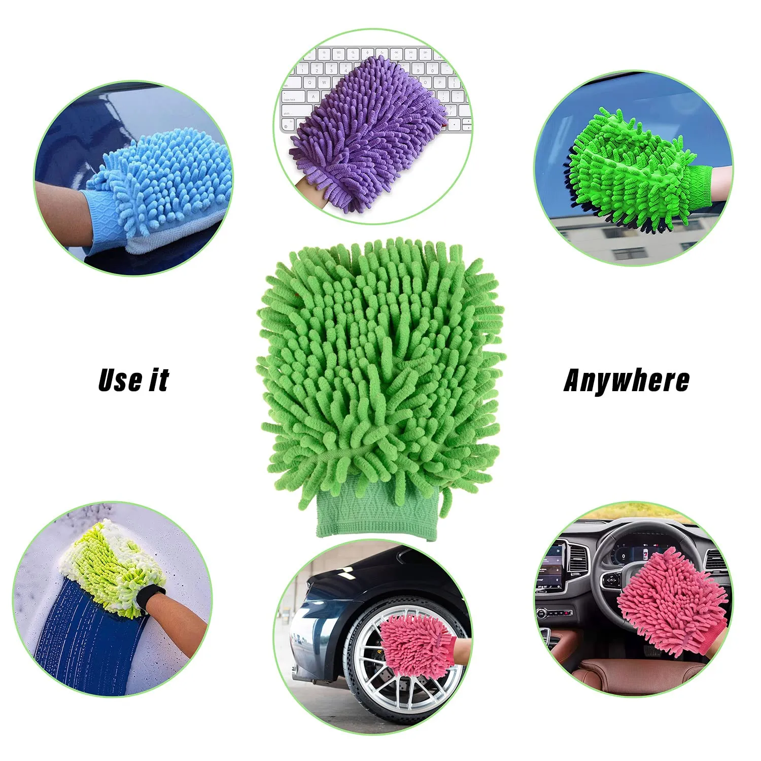 Heart Home Chenille Mitts|Microfiber Cleaning Gloves|Inside Waterproof Cloth Gloves|100 Gram Weighted Hand Duster|Chenille Gloves for Car|Glass|Pack of 2 (Purple & Green)