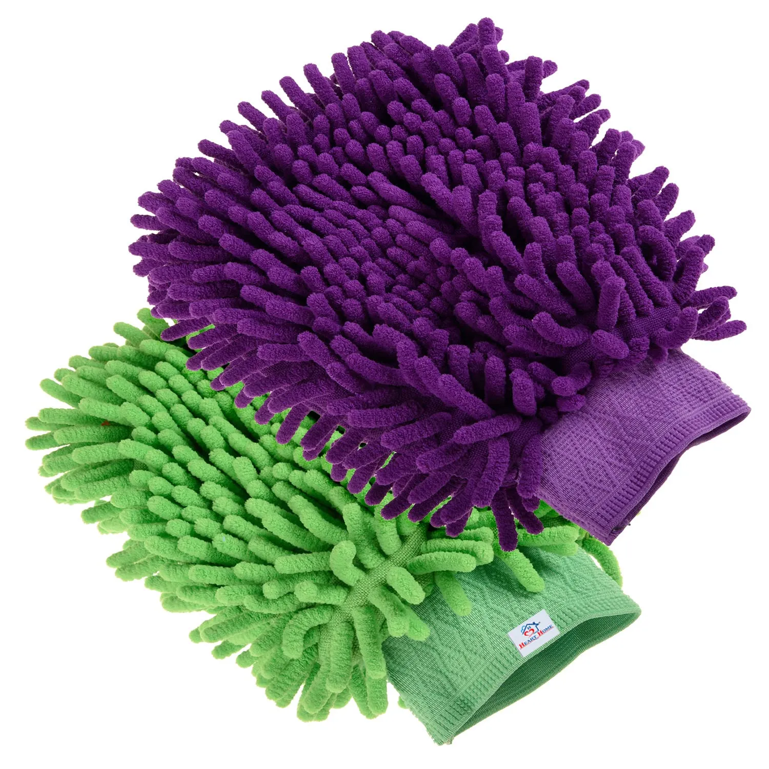 Heart Home Chenille Mitts|Microfiber Cleaning Gloves|Inside Waterproof Cloth Gloves|100 Gram Weighted Hand Duster|Chenille Gloves for Car|Glass|Pack of 2 (Purple & Green)