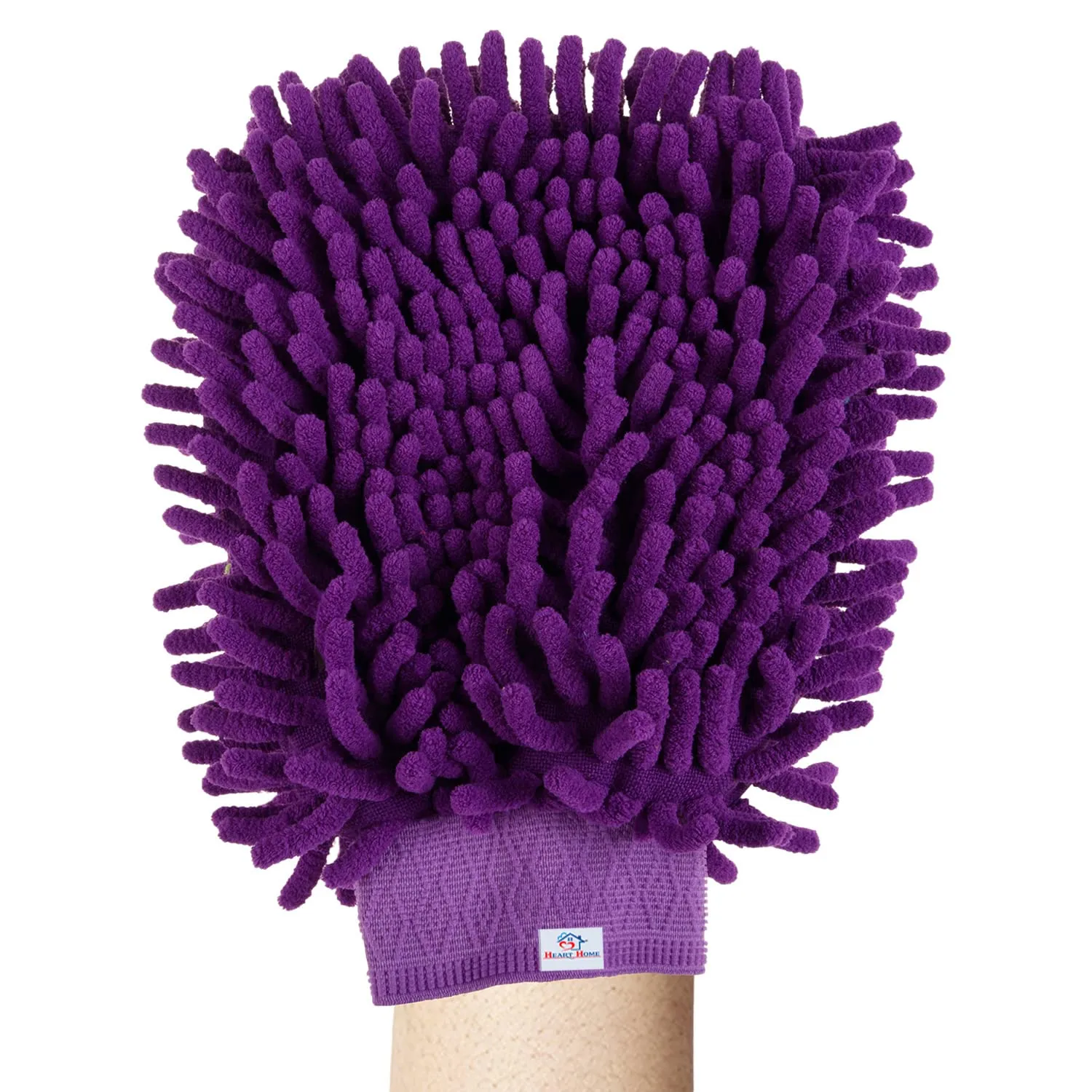 Heart Home Chenille Mitts|Microfiber Cleaning Gloves|Inside Waterproof Cloth Gloves|100 Gram Weighted Hand Duster|Chenille Gloves for Car|Glass|Pack of 2 (Purple & Green)