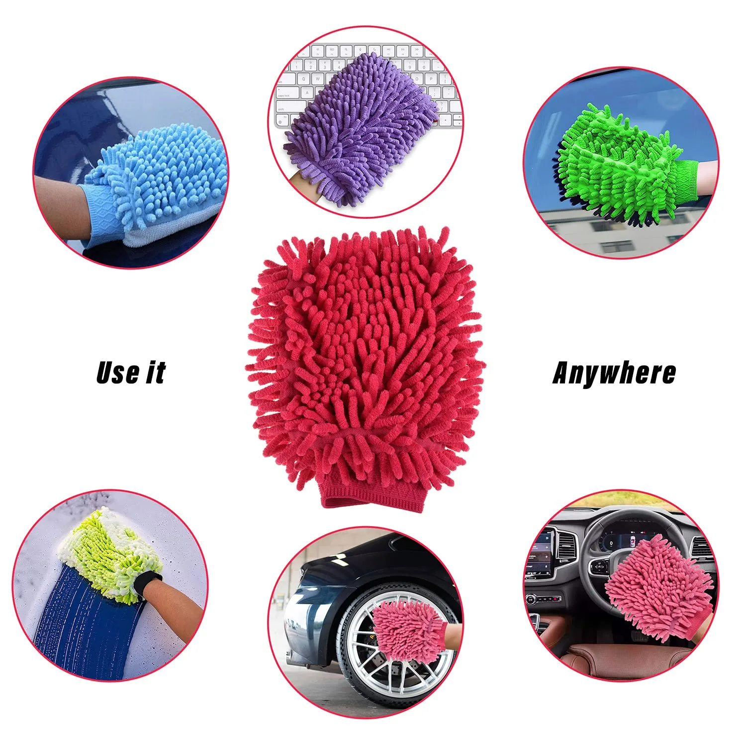 Heart Home Chenille Mitts|Microfiber Cleaning Gloves|Inside Waterproof Cloth Gloves|100 Gram Weighted Hand Duster|Chenille Gloves for Car|Glass|Pack of 3 (Dark Pink)