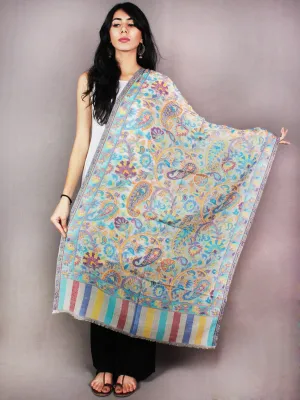 Ivory Sky Blue Yellow Kani Cutting Jamawar Pure Wool Cashmere Stole from Kashmir - S6317104