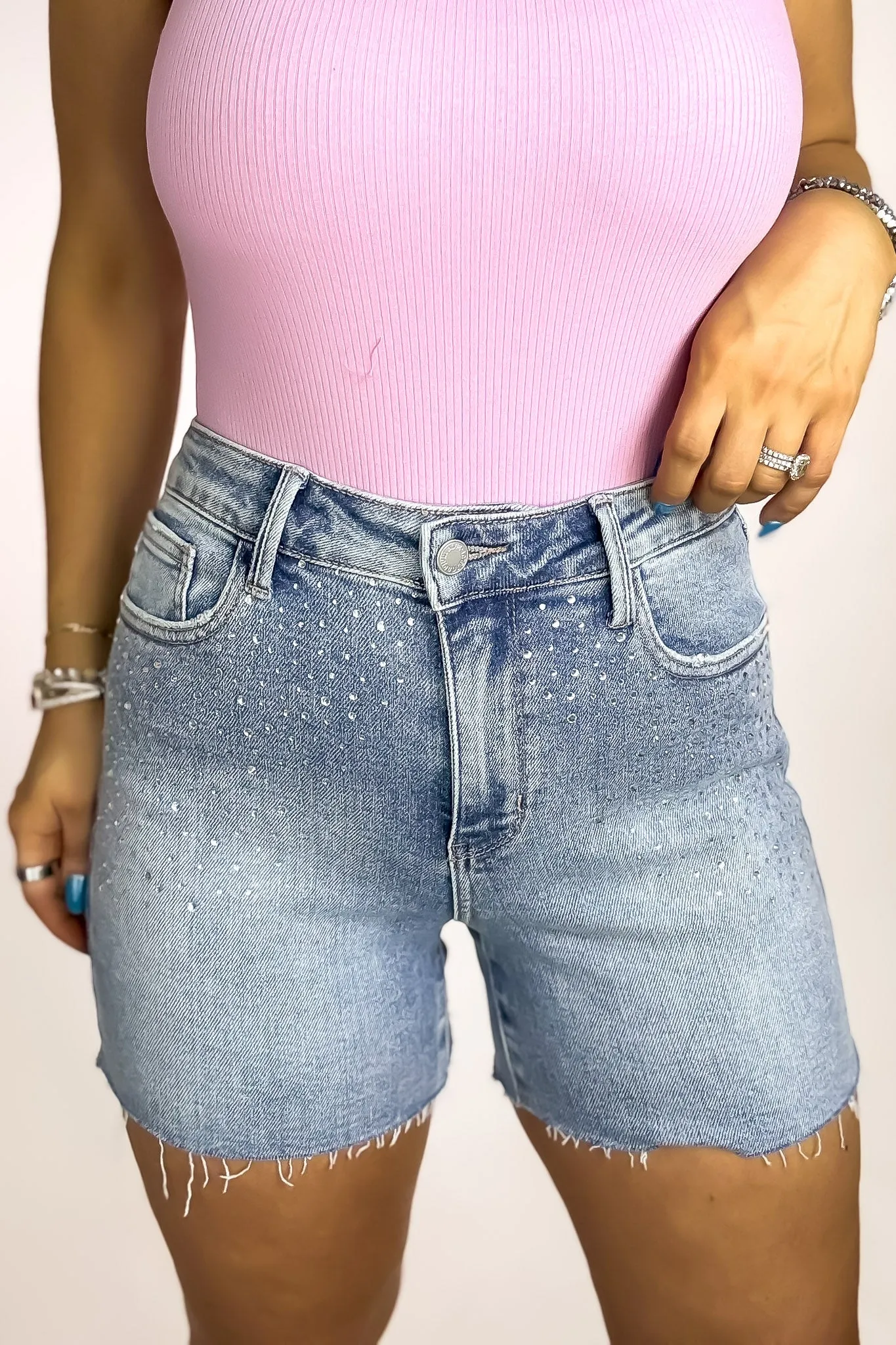 Judy Blue Full Size High Waist Rhinestone Decor Denim Shorts