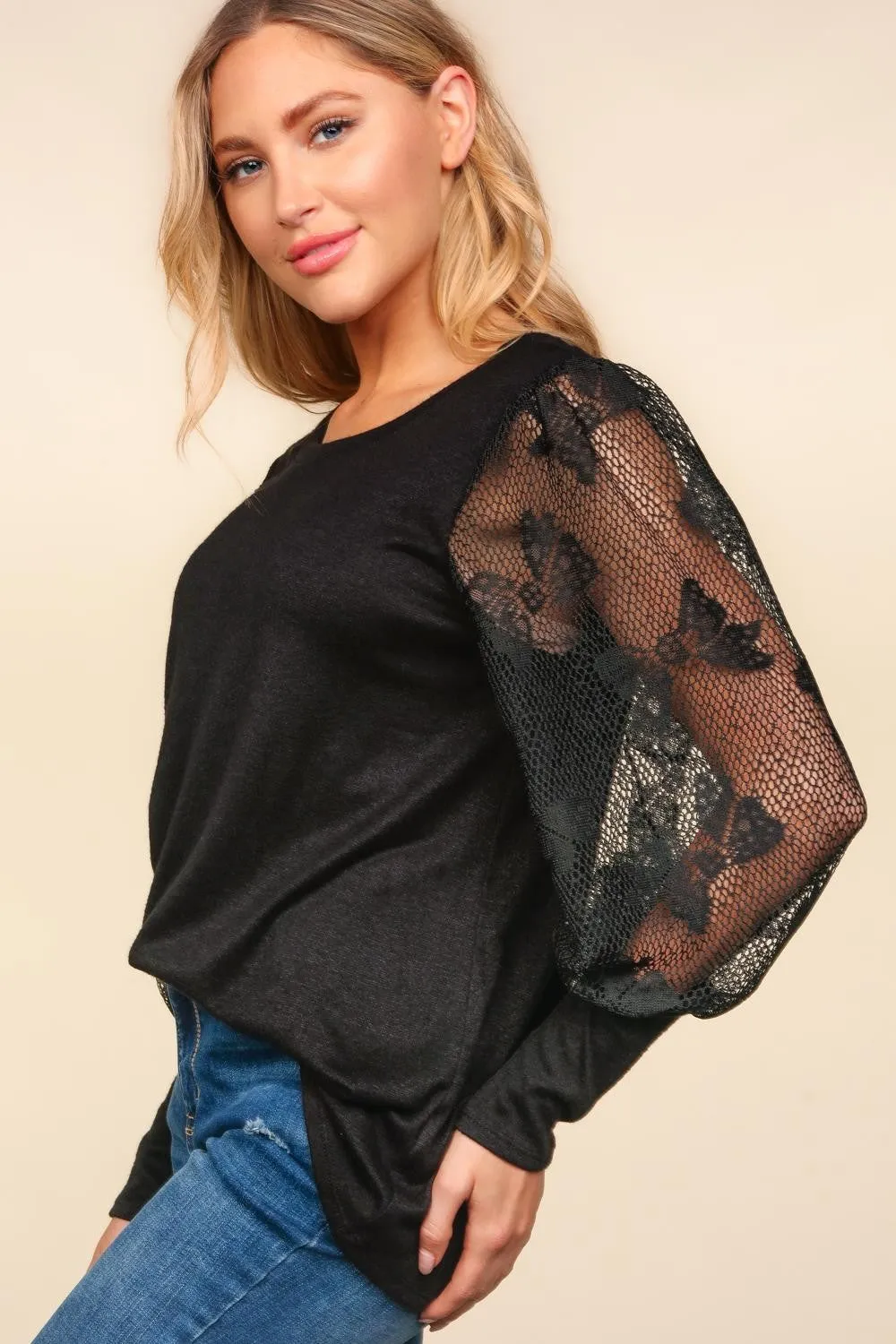 Lace Sleeve Hacci Sweater Top