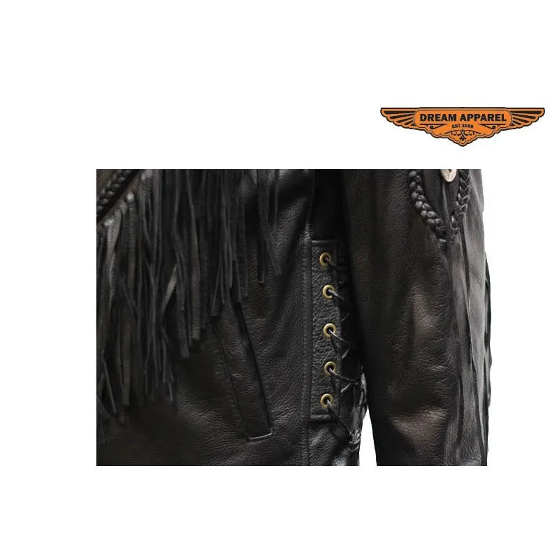 Ladies Naked Cowhide Biker Jacket Zip Out Lining, Side laces, Fringes