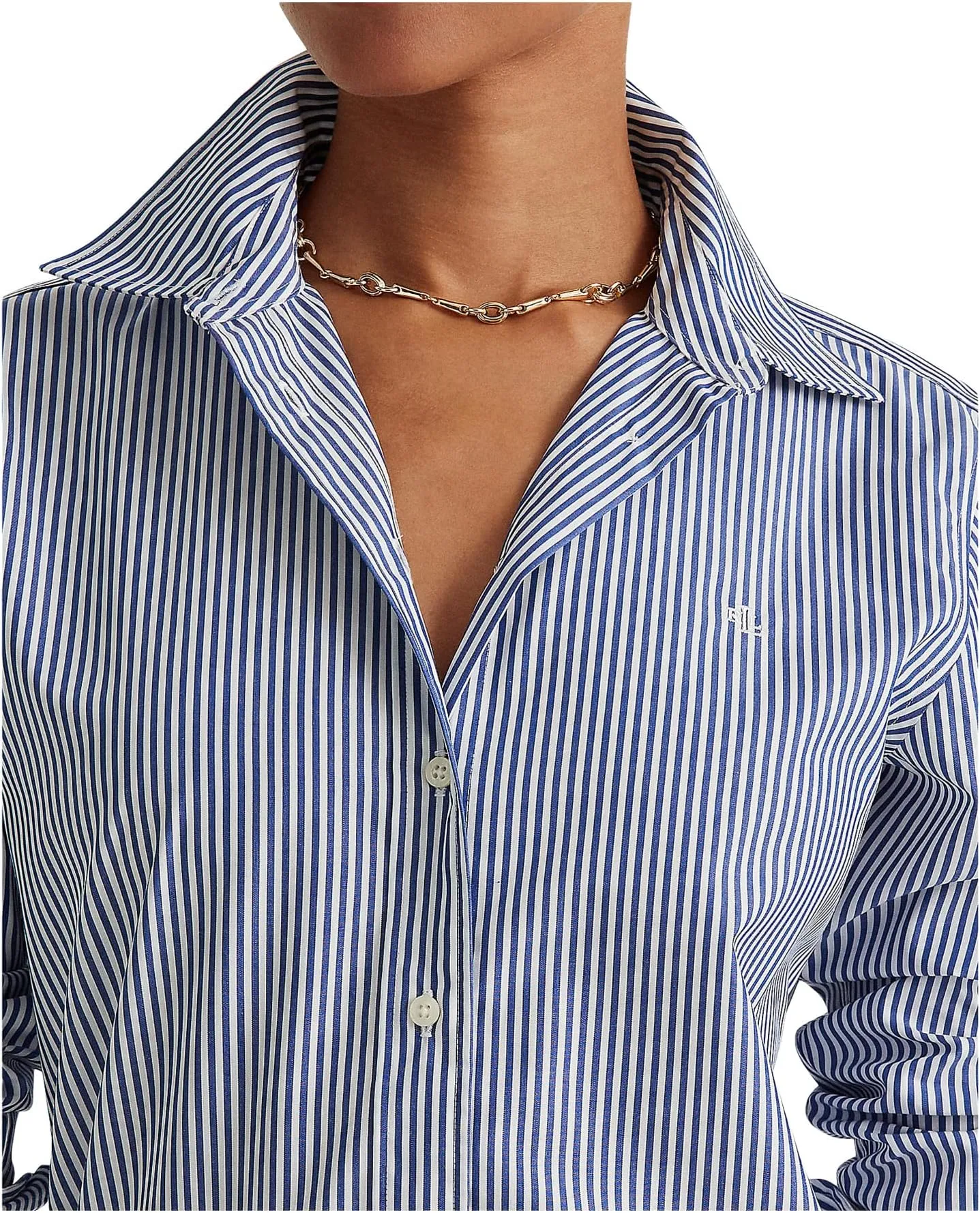 LAUREN Ralph Lauren Long Sleeve Button Front Shirt Blue/White