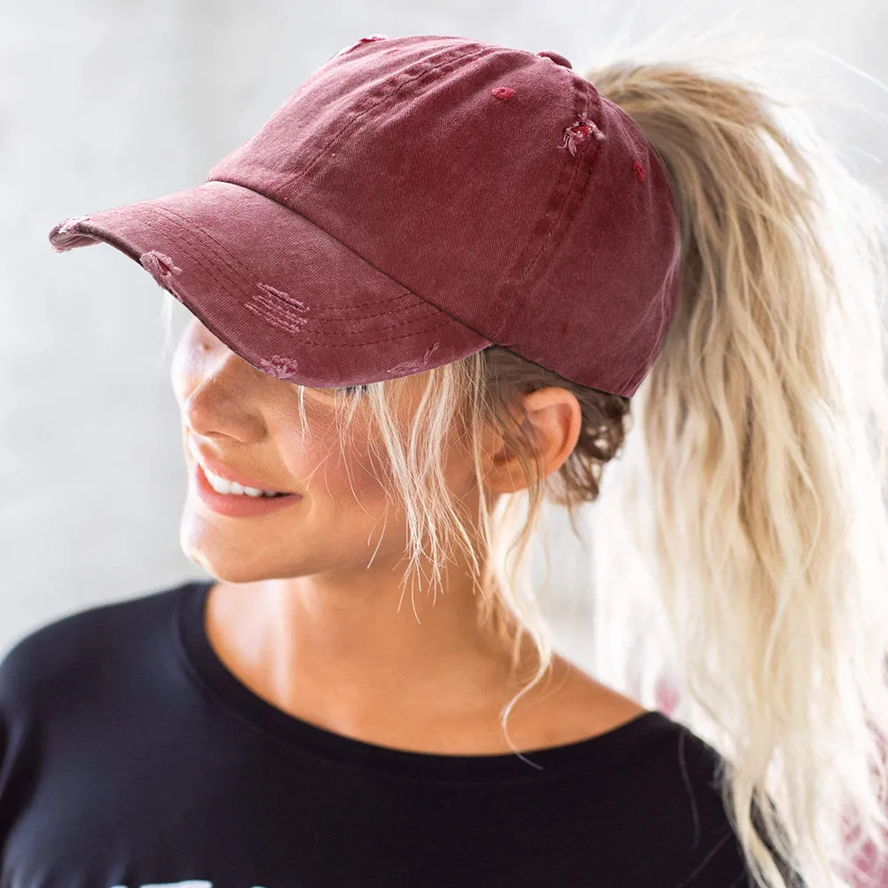 🔥Limited Time Offer🔥Womens Distressed Ponytail Baseball Cap