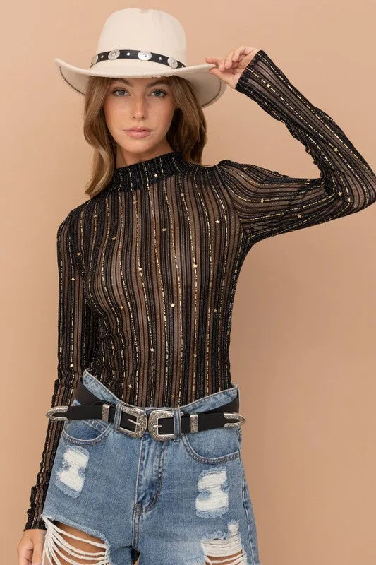 McKinli Metallic Star Stripe Mesh Mock Neck  Top