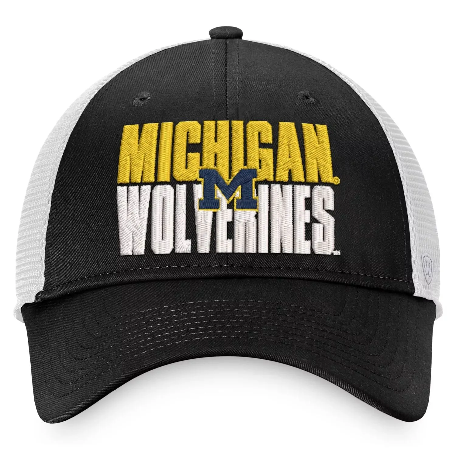 Men's Black and White Top of the World Michigan Wolverines Stockpile Trucker Snapback Cap