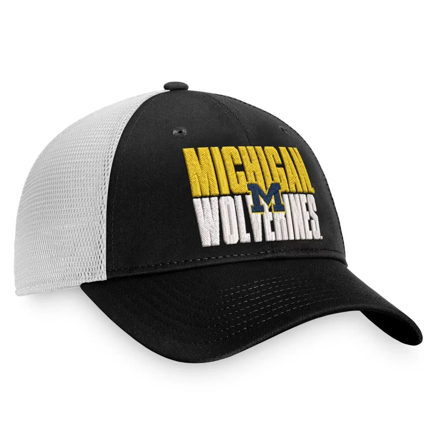 Men's Black and White Top of the World Michigan Wolverines Stockpile Trucker Snapback Cap