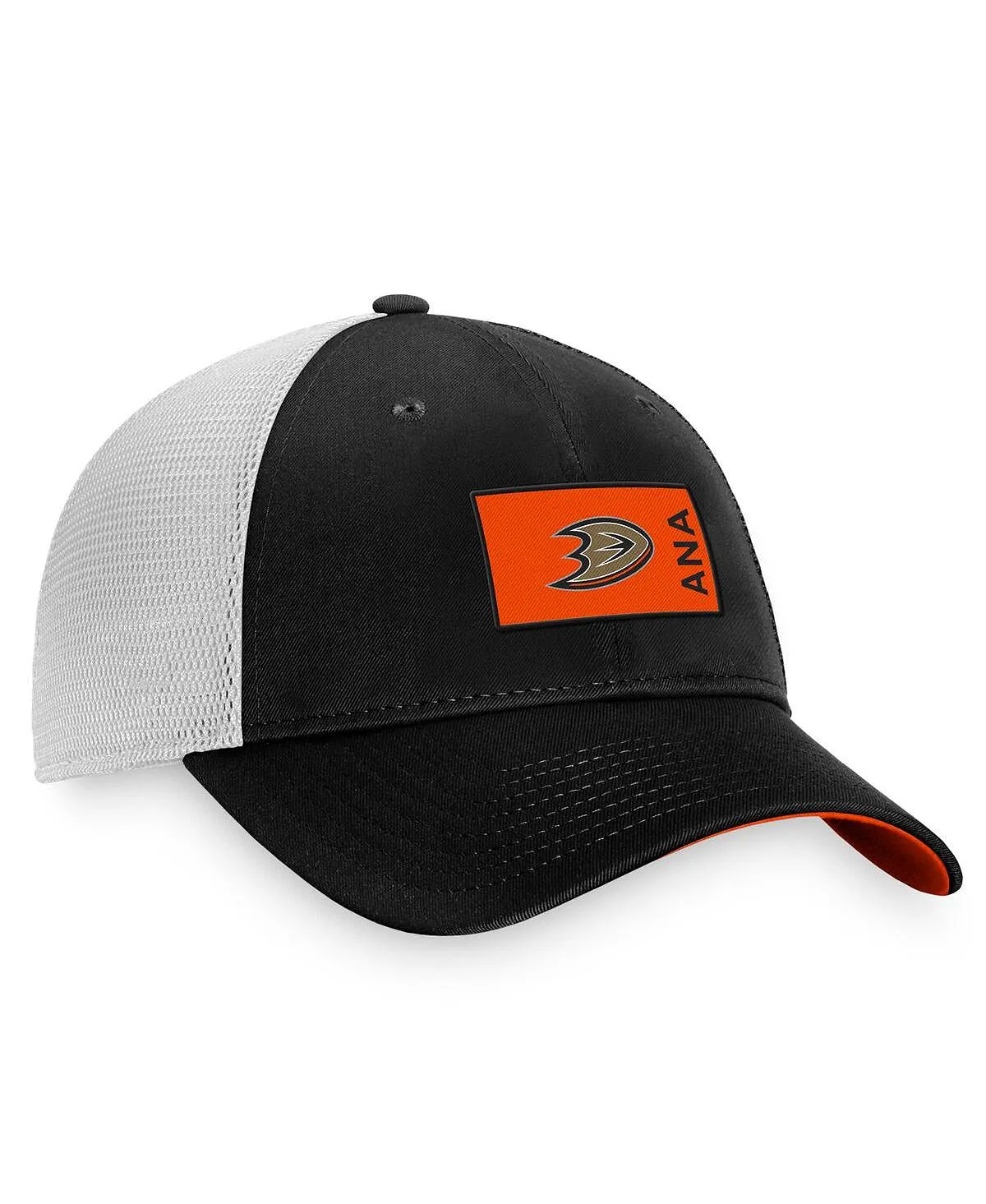 Men's Branded Black and White Anaheim Ducks Authentic Pro Rink Trucker Snapback Fanatics Cap