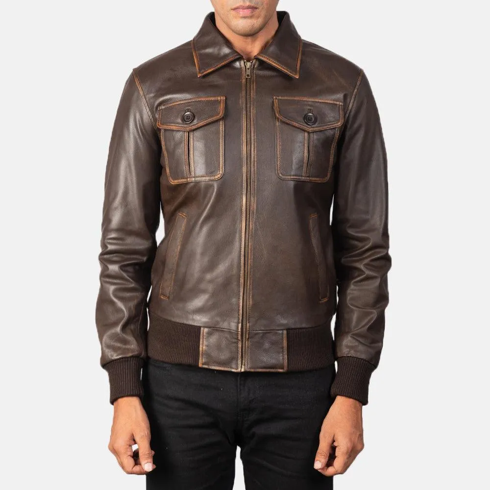 Mens Brown Leather Bomber Jacket with Waxed Edges