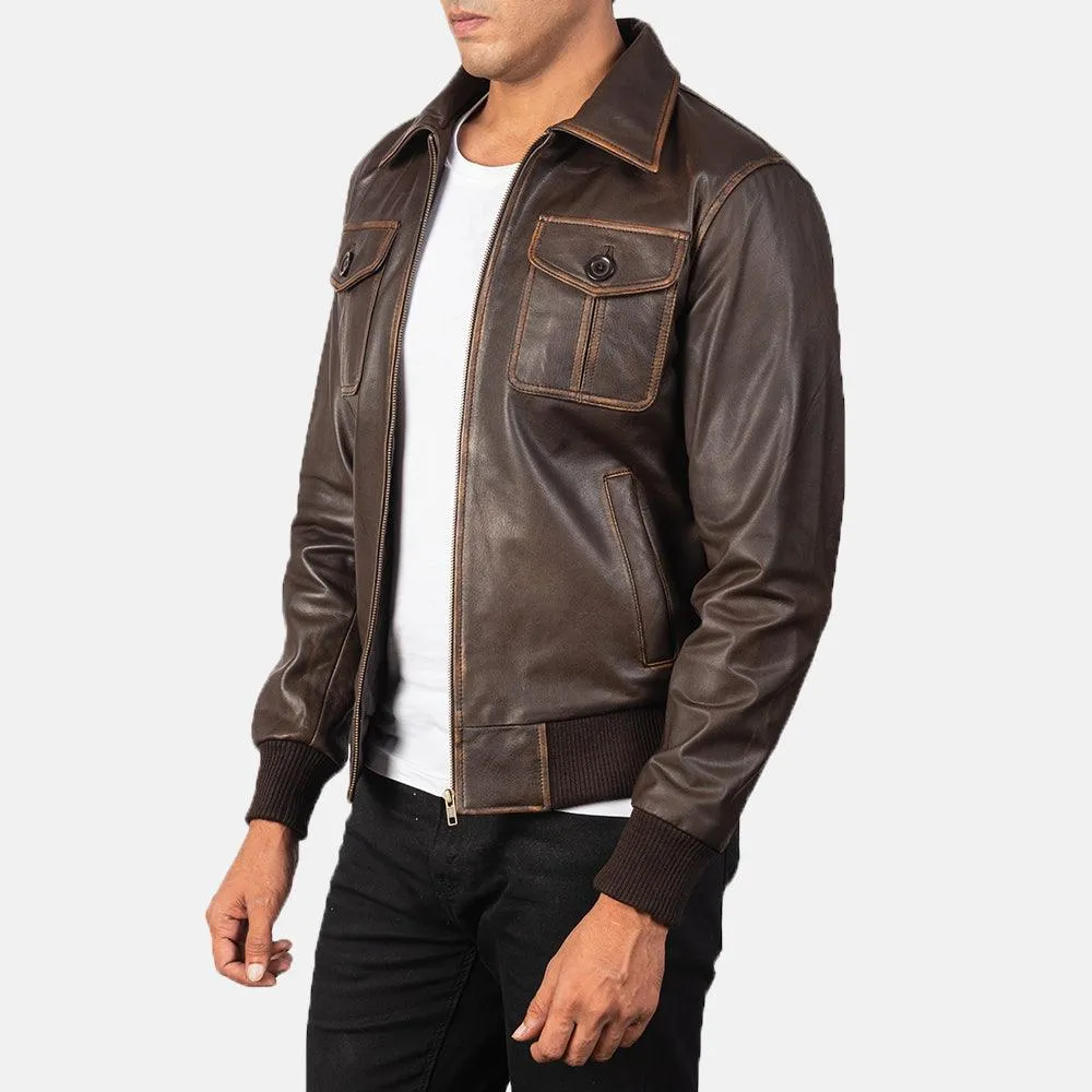 Mens Brown Leather Bomber Jacket with Waxed Edges