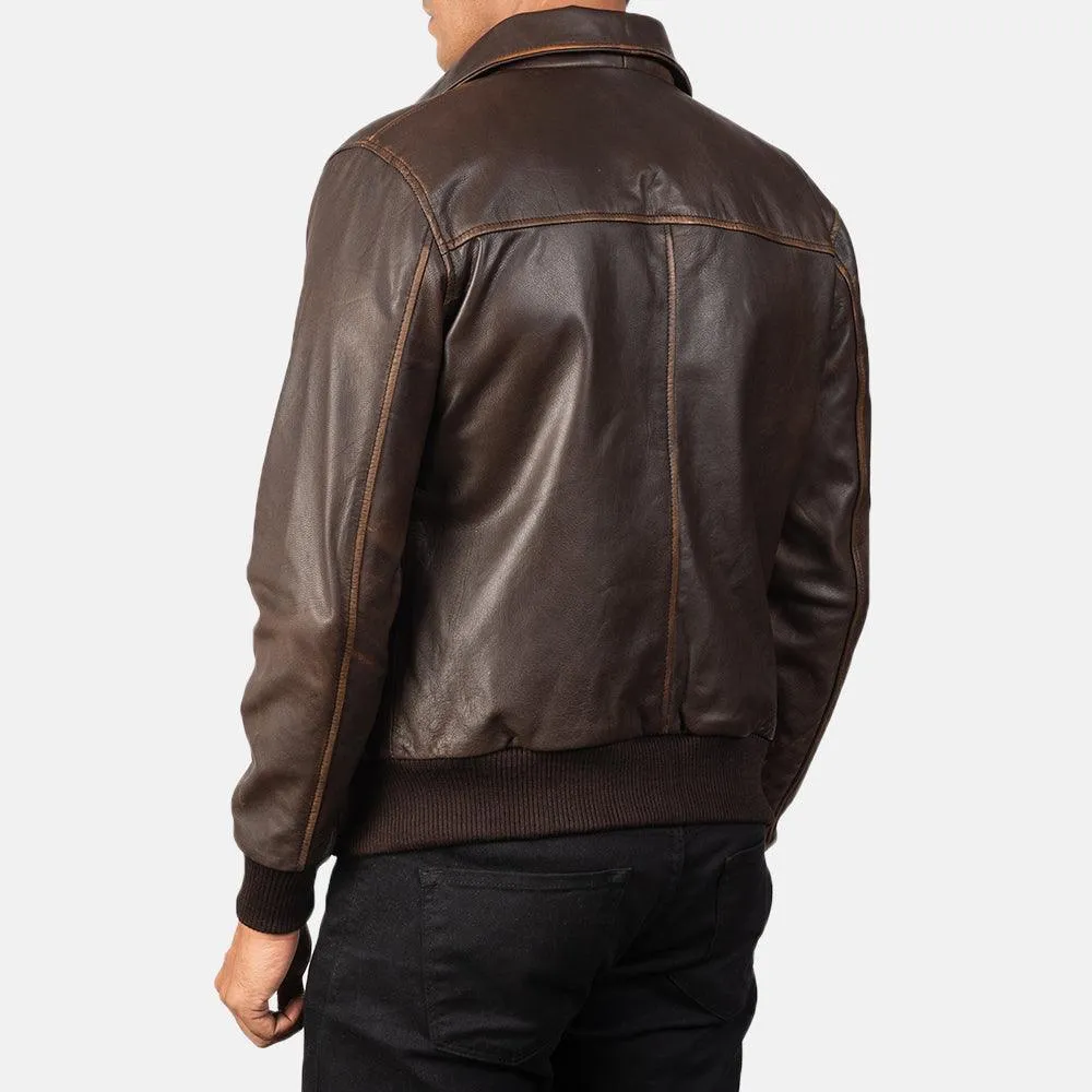 Mens Brown Leather Bomber Jacket with Waxed Edges