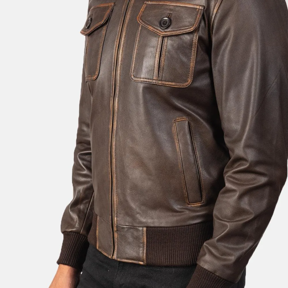 Mens Brown Leather Bomber Jacket with Waxed Edges