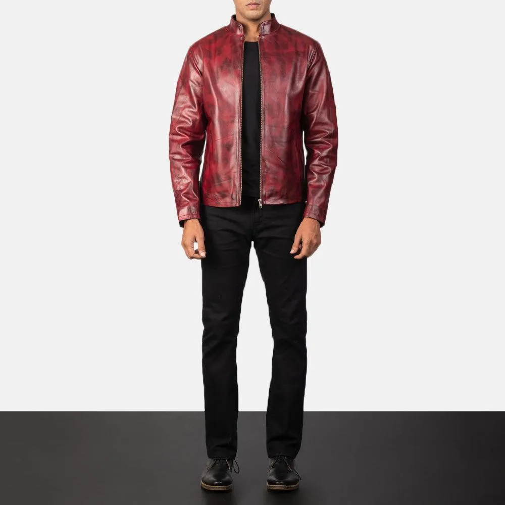 Mens Waxed Burgundy Leather Jacket