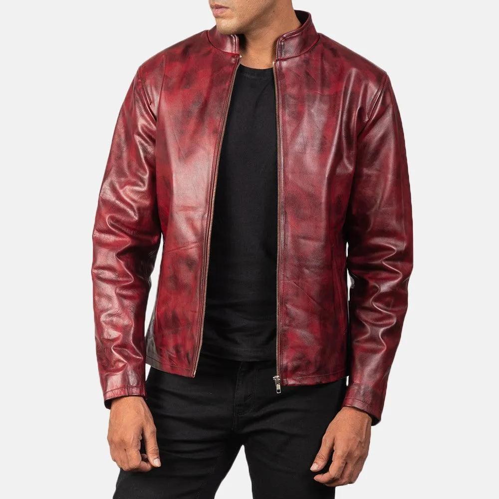 Mens Waxed Burgundy Leather Jacket