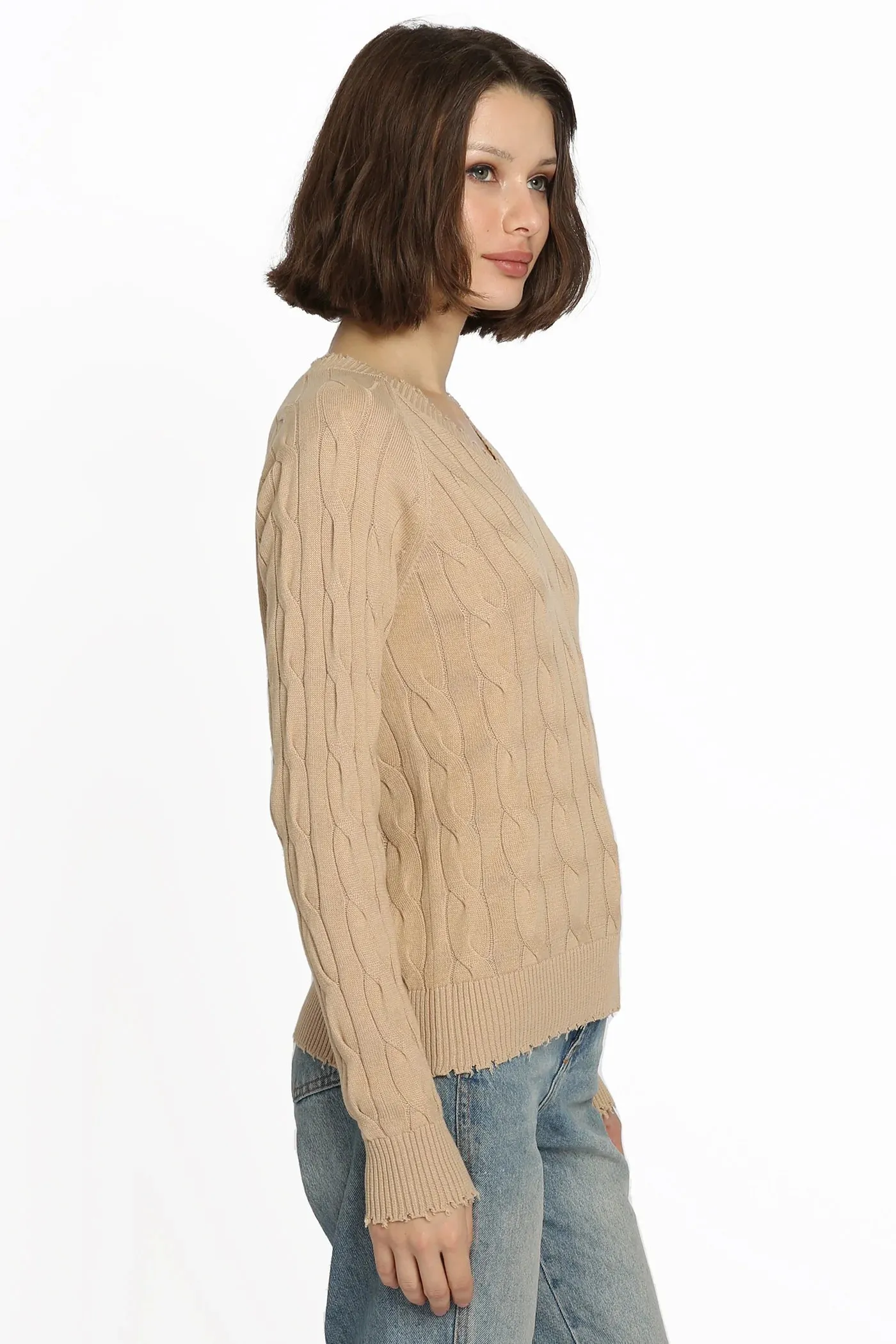 Minnie Rose Cable Long Sleeve V-Neck with Frayed Edges