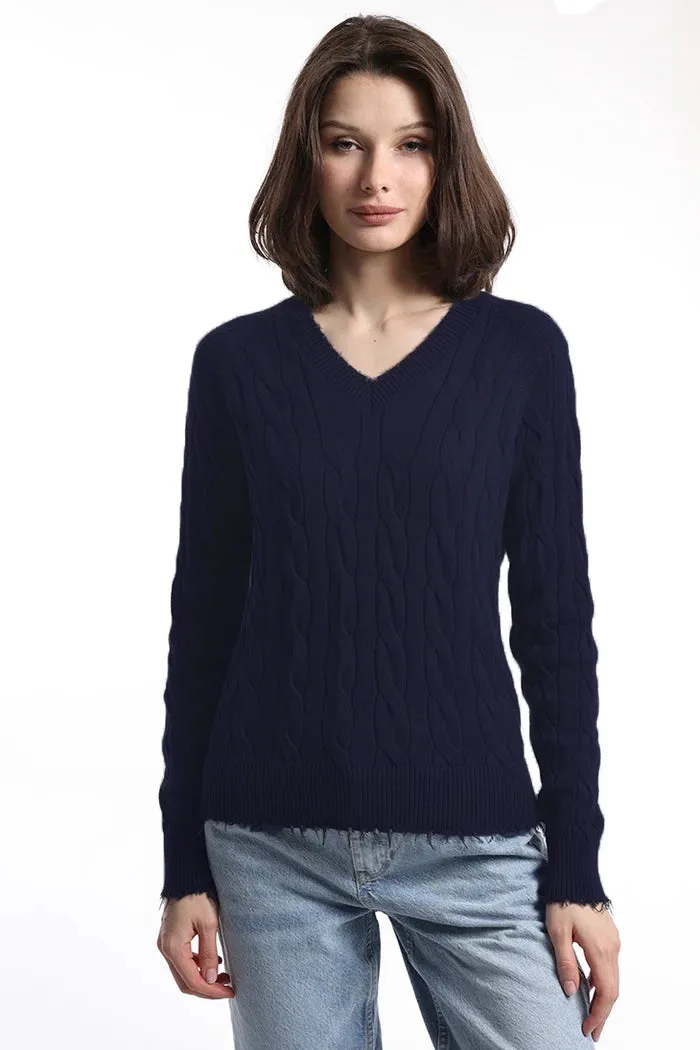 Minnie Rose Cable Long Sleeve V-Neck with Frayed Edges