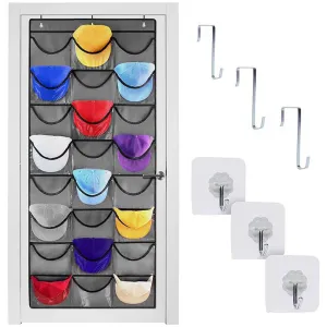 modern 24 Pockets Hat Rack For Baseball Caps, Baseball Hat Organizer For Wall/Over The Door, Caps Hat Hanger For Closet With Large Clear Pockets & 3 Hooks, Hat Clearance